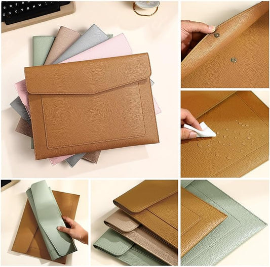 A4 Large Capacity Document Bag, Premium PU Leather File Holder, Multi-Color, Double-Layer Design, 13.39 x 10.04 Inches (Brown)