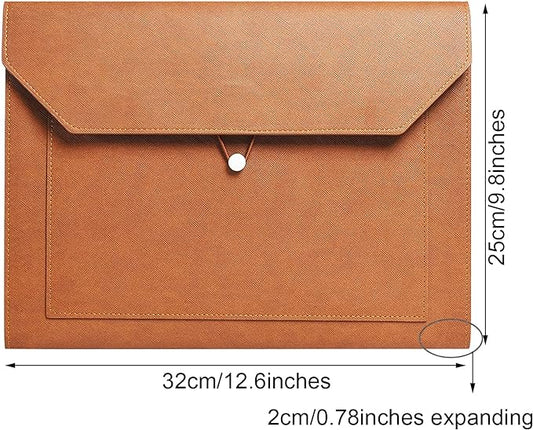 PU Leather A4 File Folder Document Holder 2 Pockets Portfolio Envelope Folder Case with Elastic String 3/4 Inch Expansion (Brown)