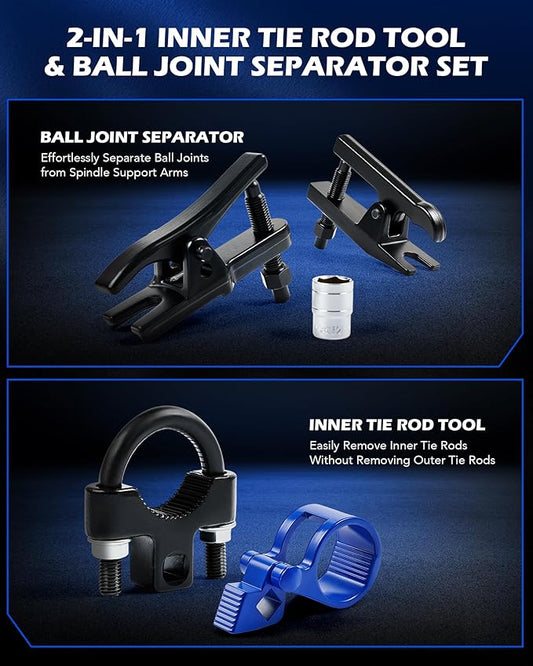 Orion Motor Tech Inner Tie Rod End Tool & Ball Joint Separator Set, 2-in-1 Tie Rod Removal Tool & Ball Joint Spread Tool Set, Ball Joint Removing Tool with 1/2" Drive Socket 3/8" Drive Tie Rod Clamp