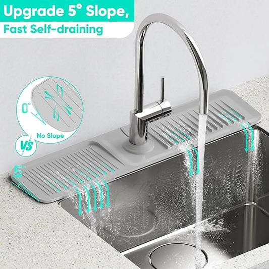 24 Inch Longer Faucet Mat for Kitchen Sink [5°Slope Fast Self-draining]Bathroom Kitchen Sink Splash Guard Silicone Sink Faucet Mat Splash Guard Kitchen Sink Area Tidy Splash Faucet Guard Draining Mat