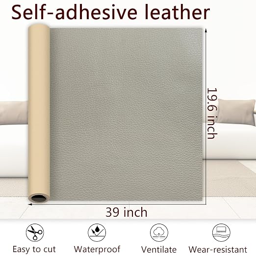 Gray Leather Repair Patch, 39.3 x 19.6 Inch Self Adhesive Leather Repair Tape, Large Vinyl Leather Repair Kit for Furniture, Car Seats, Sofats, Couch, Office Chair