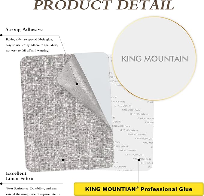 KING MOUNTAIN Fine Linen Fabric Patches, Self-Adhesive, 8x11 inch, 2 PCS, Multi Color, for Linen Sofa Repair (Light Grey 2.0)
