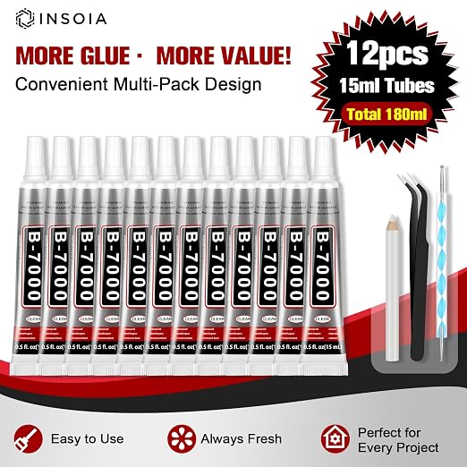 12 PCS 15ml B7000 Glue Clear with Precision Tip, Bedazzling Glue, Super Glues, Rhinestone Glue for Nail, Craft Glues, Jewelry Making, Nail Art, DIY, Makeup, Shoes