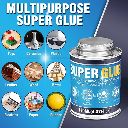 Super Glue, Super Glue All Purpose, 130ml Long-Lasting & Clear Glue with Brush, Powerful Cyanoacrylate Glue for Cotton, Flannel, Denim, Leather, Metal, Wood, PVC, Plastic, Glass, Acrylic, Ceramics
