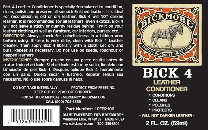 Bickmore Bick 4 Leather Conditioner and Leather Cleaner 2 oz - Will Not Darken Leather - Safe for Apparel, Furniture, Jackets, Shoes, Auto Interiors, Bags & Accessories