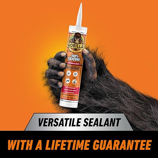 Gorilla 100% Silicone Caulk Kitchen & Bath Sealant, Mold Resistant, 10 oz. Cartridge, White