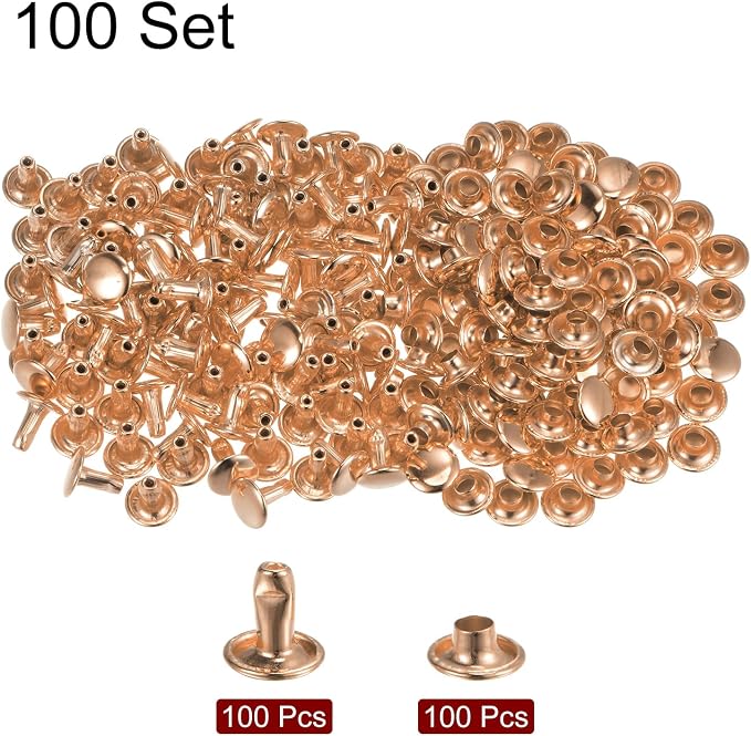 HARFINGTON 100 Sets Leather Rivets 8 x 8mm Metal Double Cap Rivet Snaps Studs Fasteners with 3pcs Setting Tools Rivets for Leather Craft DIY Repair Decoration, Light Gold Tone