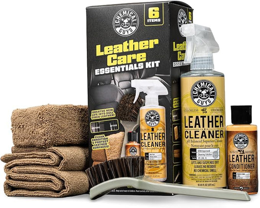 Chemical Guys Leather Care Kit, Cleaner and Conditioner for Car Seats | Complete 6-piece leather cleaning and conditioning kit for car seats, furniture, shoes and bags; genuine or vegan leather