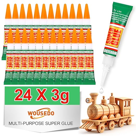 WOUSEDO 24 X 3g Super Glue Clear, Strong Adhesive,Super Glue Fast Drying Cyanoacrylate Glue for Wood,Rubber,Leather, Plastic, Metal, Rhinestone Jewelry, DIY Crafts and More