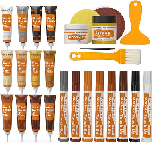 REALINN Wood Furniture Repair Kit- Set of 28 - Touch Up Markers, Fillers with Wood Putty - Repair Scratch, Cracks, Hole, Discoloration for Wooden Door, Floor, Table, Cabinet