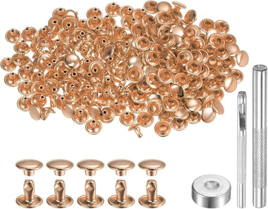 HARFINGTON 100 Sets Leather Rivets 6 x 8mm Metal Double Cap Rivet Snaps Studs Fasteners with 3pcs Setting Tools Rivets for Leather Craft DIY Repair Decoration, Light Gold Tone