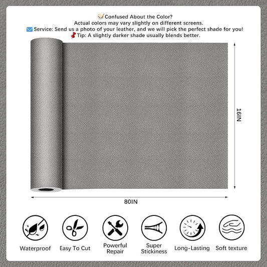 Gray Leather Repair Tape, 16x80 Inch Leather Repair Patch Self-Adhesive, Waterproof Faux Leather Patch, Vinyl Repair Tape for Couch, Sofas, Furniture, Office Chair, Car Seats
