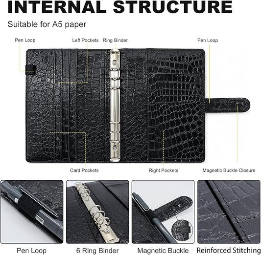 Convend A5/A6 Refillable 6 Ring Binder Cover,Crocodile-Embossed PU Leather with Magnetic Closure, Premium Look and Feel, Compatible with Standard Planner Inserts,(Black)