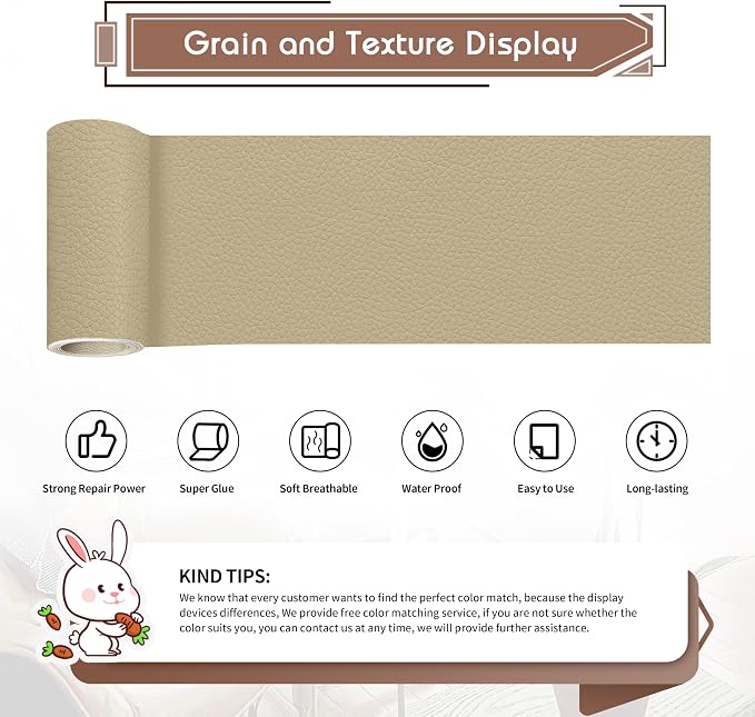 KING MOUNTAIN Leather Repair Patch,4 x 63 Inches self Adhesive Leather Repair Tape for Damaged Leather Furniture, Sofa Seating,Car Seats, Leather Goods（Medium Beige）