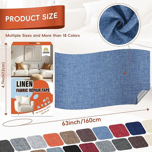 Linen Fabric Repair Tape 4.7x63 Inch, Self Adhesive Couch Patch Repair Fabric Tape for Furniture, Linen Patch Kit for Couch, Carpet, Upholstery, Chair, Sofa, Cushion, Bag (Blue)