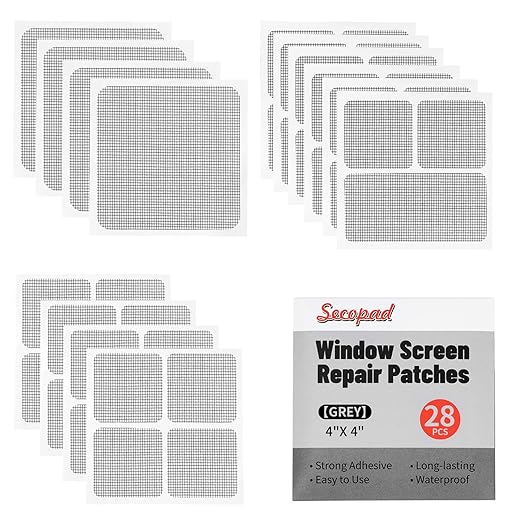 Secopad 28 Sheets Window Screen Patches Repair Kit, Grey/Black 3 Sizes Window Screen Repair Kit for Mesh Screen Door, Strong Adhesive Fiberglass Quick Screen Repair Tape