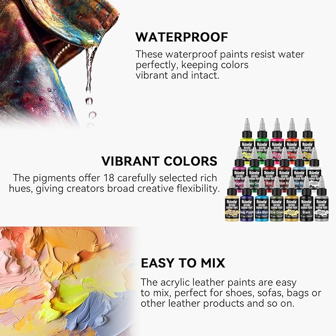 Roizefar Acrylic Leather Paint, Ultimate All-in-One 20 x 30ml Kit with Deglazer & Finisher, 18 Colors Flexible & Waterproof Leather Dye for Shoes, Bags, Jackets, Sneakers, Couches, Car Seats, Sofa