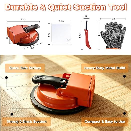 Heavy Duty Floor Gap Fixer Tool, Floor Suction Cup Tool for Gaps with 5 Cuttable Sticky Pads, Grout Scraper & Gloves, Fits ≥4.8" Wide Wood/LVP/Vinyl Flooring(Orange)