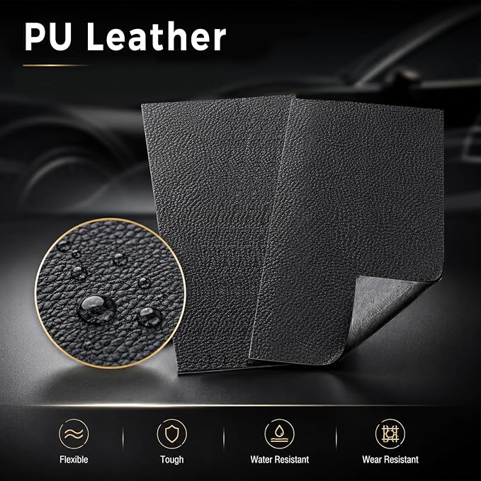 2 PCS Leather Repair Patch Tape, 4 x 8 Inch Waterproof PU Self Adhesive Leather Repair Patch Kit, Cuttable Car Fabric Sofa Vinyl Tape for Car Upholstery Seat, Furniture, Couch (Black)