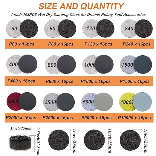 193pcs 1Inch Wet Dry Sanding Discs for Dremel Tool Accessories,60-10000 Grit Hook and Loop Sandpaper for Dremel Polishing Kit,Used for Resin/Rock/Making Jewelry Polishing