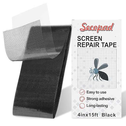 Secopad Black Screen Repair Tape, 4" X 180" (15FT) Window Screen Door Repair Kit, Strong Adhesive Fiberglass Patch Tape Mesh