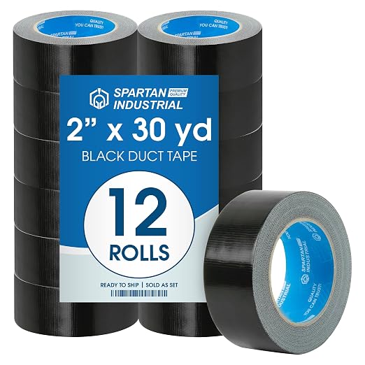 Spartan Industrial - 2" X 30 yd Black Duct Tape - 12 Strong Tape Rolls for Repairs, Crafts, Labeling, and More - Water-Resistant, No Residue, 9 Mil
