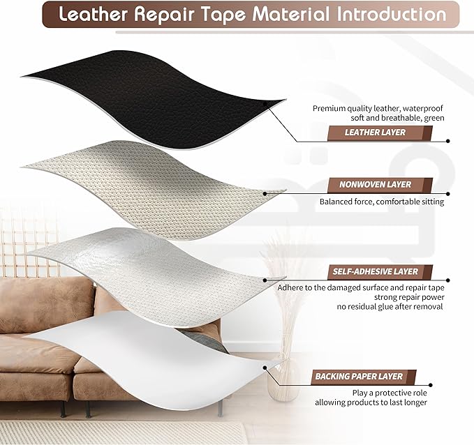 KING MOUNTAIN Leather Repair Patch,2 Packs 9 x 11 Inches self Adhesive Leather Repair Tape for Damaged Leather Furniture, Sofa Seating,Car Seats, Leather Goods(Black)