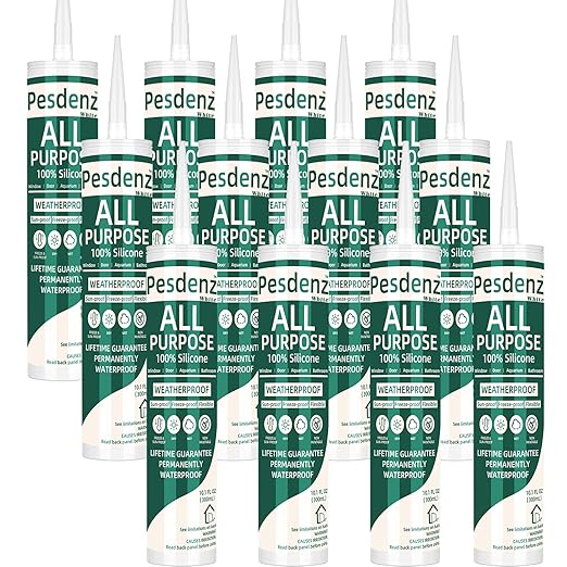 12 Pack White Universal Silicone Caulk, 100% Silicone Sealant Outdoor Waterproof, Flexible Cartridge Adhesive Caulking for Aquarium RV Roof Window Door Kitchen Bathroom Bathtub Shower Seal, 10.1 Oz