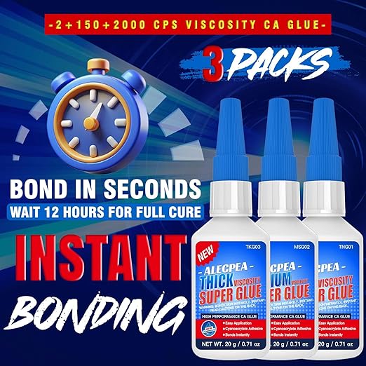 2/150/2000 CPS (Thin/Medium/Thick) CA Glue, Cyanoacrylate Super Glue Wood, Glass, Metal, Paper, Leather, Plastic, Ceramic, Rubber, Jewelry, Woodworking, Hobby Models, and Craft Project 60g(2oz)