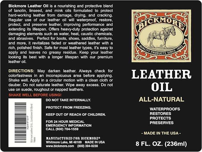 Bickmore Leather Oil Leather Conditioner 8oz | Waterproofs, Protects, and Restores Boots, Jackets, Auto, Furniture, and All Leather Goods | Made in The USA