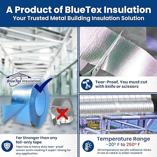 BlueTex Insulationㅤ HVAC Aluminum Foil Tape 2 inch x 150 ft (6 mil), Professional Grade Silver Duct Tape Metallic, Tear-Proof HVAC Tape, Heavy Duty, for Ductwork, Dryer Vent & Insulation - 1 Roll