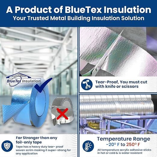 BlueTex Insulationㅤ HVAC Aluminum Foil Tape 2 inch x 150 ft (6 mil), Professional Grade Silver Duct Tape Metallic, Tear-Proof HVAC Tape, Heavy Duty, for Ductwork, Dryer Vent & Insulation - 24 Rolls