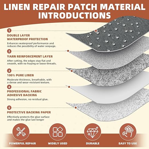 Linen Repair Patch, Large Self-Adhesive Fabric Repair Tape, Linen Fabric Repair Patch for Couch, Furniture, Car Interior, Sofa and Cushion (Brown, 3.5X79 Inch)