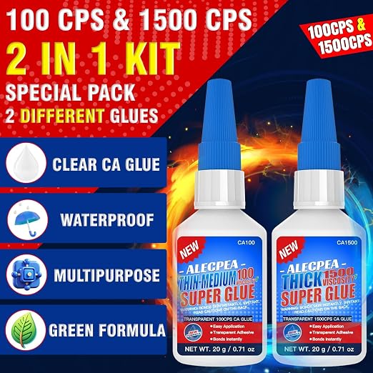 40g(1.4oz) 100/1500 CPS (Thin/Thick) CA Glue, Cyanoacrylate Super Glue for Wood, Glass, Metal, Paper, Leather, Plastic, Ceramic, Rubber, Jewelry, Woodworking, Hobby Models, and Craft Project