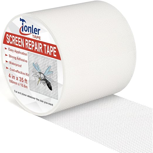 White Window Screen Repair Tape 4" x 35 FT Fiberglass Adhesive | Strong adhesive fiberglass screen repair tape; fixes holes & tears cut&stick indoor/outdoor window door use