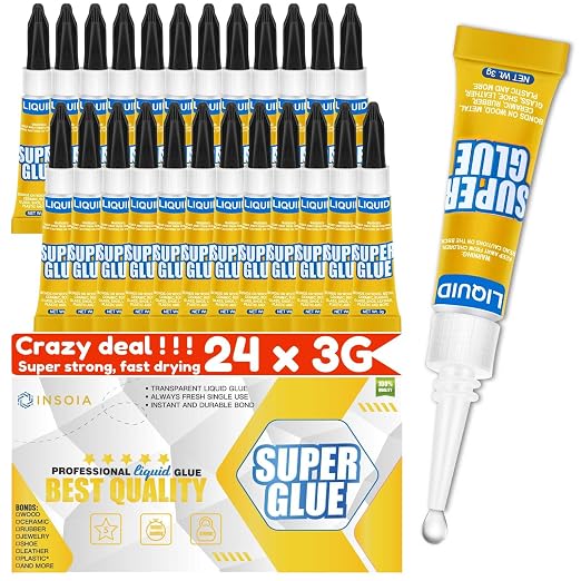 Super Glue Liquid Clear, 24 X 3g All Purpose Strong Adhesive Ca Glue Cyanoacrylate Quick Dry Instant Glue for Plastic, Metal, Ceramic, Shoe, Wood, Leather, Model, Rhinestone, Jewelry and DIY Crafts