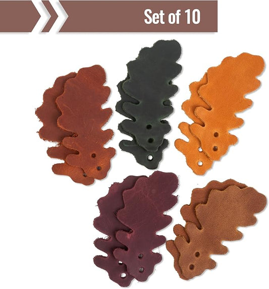 Set of 10 Leather Leaves Patches – 7x3 cm (2.75x1.18”) – Handmade Leather Labels – 1.6 mm Thick – Handmade Tags for Crochet - Leathers Tags - DIY Craft Appliques for Sewing, Repair & Decoration