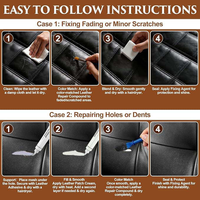 Black Leather Repair Kit for Furniture, Vinyl Repair Kit with Super Easy Instructions to Match Any Color, Restore Any Glossy Leather Surface, Car Seats, Sofa, Jacket, and Purse