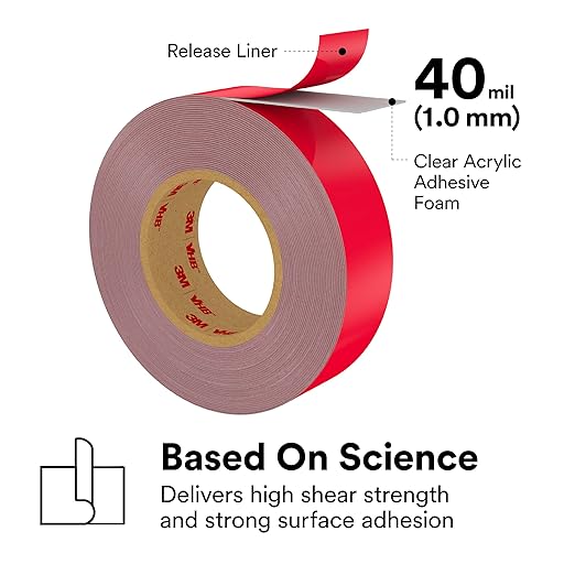 3M VHB Tape 4910, 0.25 in width x 5 yd length (1 Roll),Clear