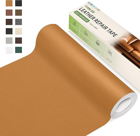 TIANLDD Leather Repair Tape,3.5 x 80 Inches Self Adhesive Leather Repair Patch，Leather Repair Kit for Furniture，Couches,Car Seats,Cabinets,Handbags(Yellowish Brown-Litchi Grain)