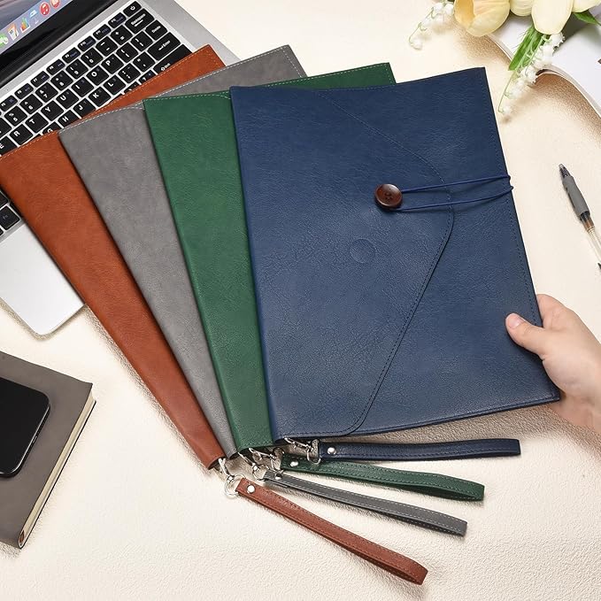 PATIKIL 2Pcs Leather Folder, 14x10 Leather Document Holder File Folder PU Pouch Bag Portfolio File Organizer Handbag Button Personal Envelope Waterproof for Traveling Men Gift, Gray