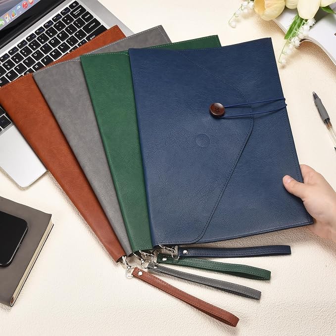 PATIKIL Leather Folder, 14x10 Leather Document Holder File Folder PU Pouch Bag Portfolio File Organizer Handbag Button Personal Envelope Waterproof for Traveling Men Gift, Gray