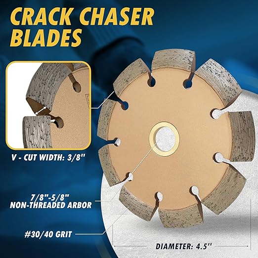 4.5" Crack Chaser Blade for Cured Concrete, Asphalt Repair or Joint Widen, 0.375" Width, 7/8"-5/8" Non-Threaded Arbor