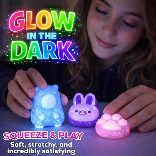 Jim&Gloria Glow in the Dark DIY Squishy Making Kit - Make Your Own Squishies All-in-One Squishy Maker Craft Kit with 1:1 Liquid Silicone, 3 Cute Animal Molds Mini Paw, Capybara, and Bunny Easter Gifts