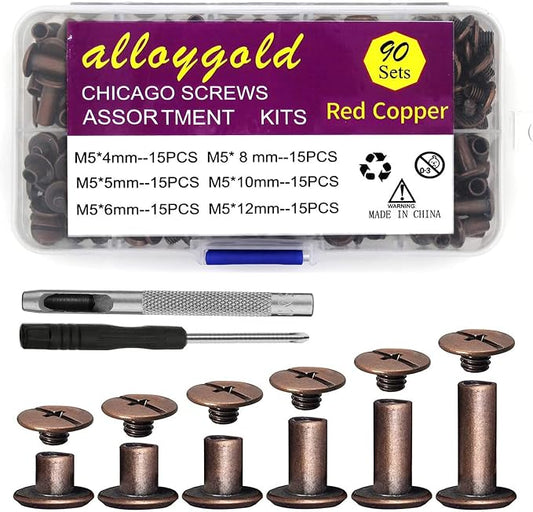 ALLOYGOLD 90 Sets Red Cooper Chicago Screws Leather Assorted Kit ，6 Sizes of Chicago Screw Rivets for DIY Leather Craft and Bookbinding (M5 X 4, 5, 6, 8, 10, 12)