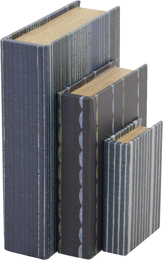 Deco 79 Faux Leather Decorative Box Faux Storage Book Book Shaped Boxes with Varying Striped Patterns, Set of 3 Decorative Keepsake Boxes 12", 9", 6"H, Blue