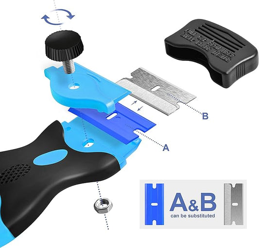 Razor Blade Scraper, Double Edge Razor Scraper Remover Tool with 30 Pcs Razor Blades for Labels Stickers Decals Removal Auto Window Tint Vinyl Tool Application (Blue)