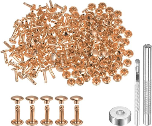 HARFINGTON 100 Sets Leather Rivets 10 x 7mm Metal Double Cap Rivet Snaps Studs Fasteners with 3pcs Setting Tools Rivets for Leather Craft DIY Repair Decoration, Light Gold Tone