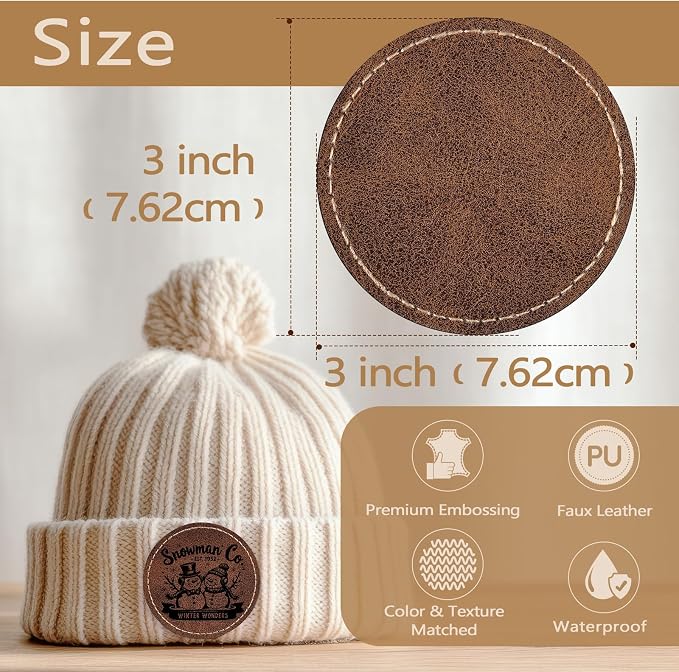 100 Pack Blank Leatherette Patches with Adhesive, Round Laser Engravable Faux Leather Patch for Hats Custom, Fabric Repair Sew, Engraving Materials, Gifts, DIY (Rustic, 2.5 x 2.5 in)