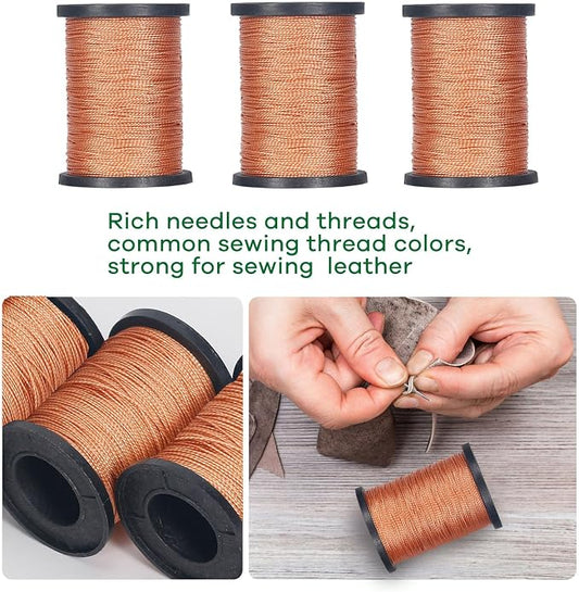 3-Spool Nylon Thread Kit - Each 80 Yards, Includes Sewing Awls & Needles for Hand Sewing, Upholstery & Leather Repair, Brown